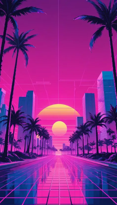 a photo of a city street with palm trees and a sunset