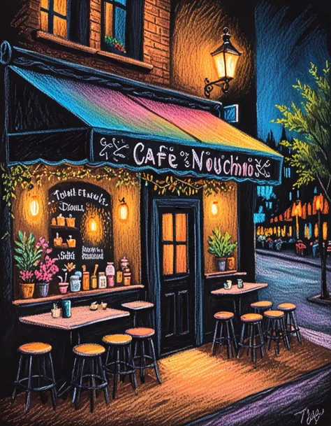 exterior of a cafe  novuschroma13 style chalk pastels on black <lora:novuschroma13 style_2:1> <lora:sdxl_lightning_8step_lora:1>