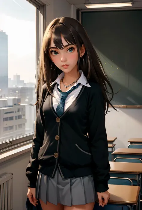 (masterpiece, best quality), 1girl,  <lora:shibuya_rin_v1:0.8> aarin, long hair, earrings, necklace, school uniform, necktie, collared shirt, black cardigan, long sleeves, pleated skirt, grey skirt