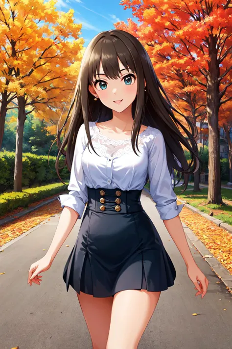 masterpiece, best quality, highres, aarin, long hair, earrings, <lora:shibuya_rin_v1:0.7>, high-waist skirt, shirt, autumn, smile, cowboy shot,