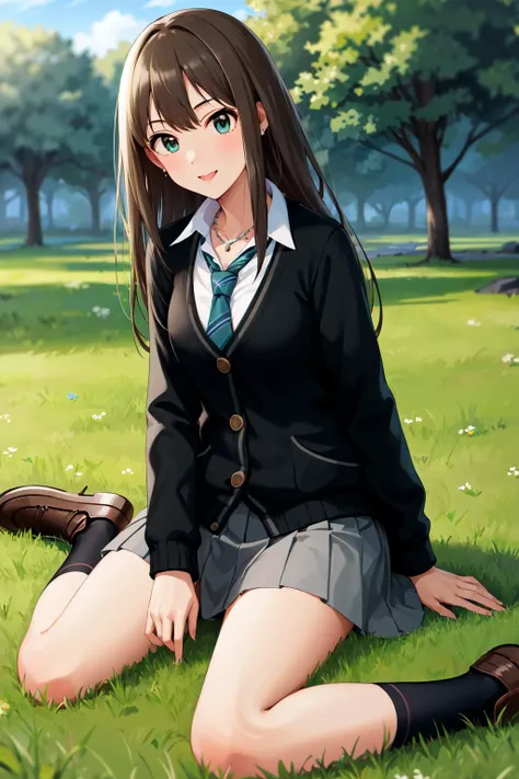 masterpiece, best quality, highres, aarin, long hair, earrings, necklace, school uniform, necktie, collared shirt, black cardigan, long sleeves, pleated skirt, grey skirt, <lora:shibuya_rin_v1:0.7>, wariza, field, smile, grass, outdoors