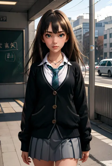 (masterpiece, best quality), 1girl,  <lora:shibuya_rin_v1:0.8> aarin, long hair, earrings, necklace, school uniform, necktie, collared shirt, black cardigan, long sleeves, pleated skirt, grey skirt