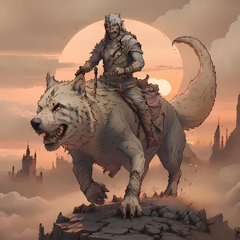 <lora:Fromenteau:1>   <lora:orcx-uruks:1> skinny lord of the rings orc, orcx-uruks, riding a monsterous dire wolf at sunset