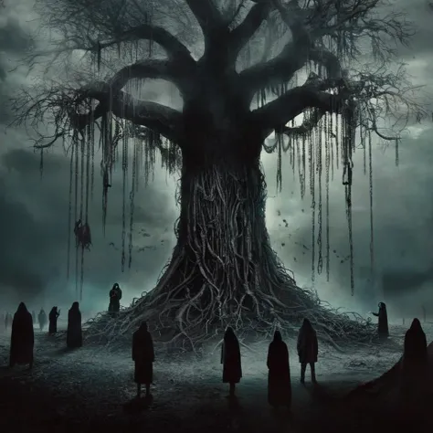 Horror-themed,  <lora:carcosa city:1.5>
In an ancient and mysterious city a tree with a bunch of hanging people on it carcosa city style, Eerie, unsettling, dark, spooky, suspenseful, grim, highly detailed