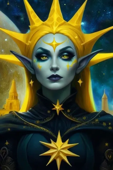 Dark Fantasy Art of  carcosa city, ancient and mysterious, painting of many yellow stars above carcosa city style, dark, moody, dark fantasy style, (gothic elf  girl: 1.3), eyeliner, makeup, tattoos, multicolored hair, detailed background, nebula, intricat...