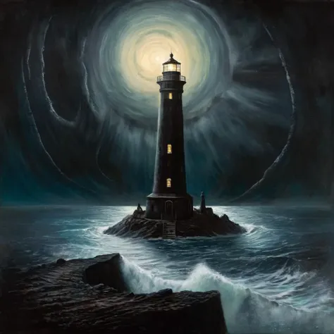 Horror-themed,  <lora:carcosa city:1.5>
In an ancient and mysterious city a painting of a lighthouse in front of a black hole carcosa city style, Eerie, unsettling, dark, spooky, suspenseful, grim, highly detailed