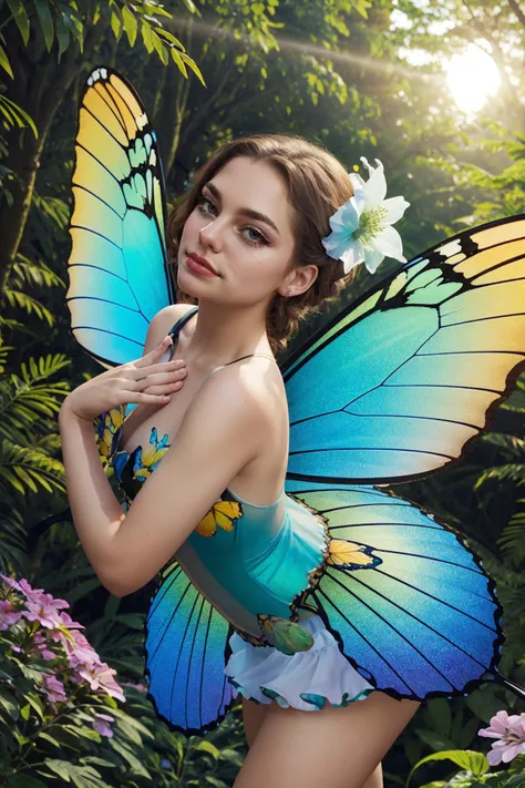 <lora:Bailey:.7> (translucent Viridian butterfly wings, translucent wings),  (headshot, portrait, close up, eye contact, looking at viewer), dynamic pose, dynamic lighting, dynamic shadows, ((giant flowers, giant trees)), ((flying)), rainbow (translucent s...