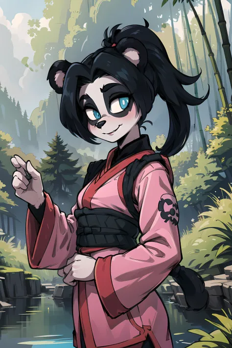 ((masterpiece,best quality)), absurdres, (((sfw))), Lili,furry ,panda ears,animal nose,bear tail,black ponytail, two-tone fur, solo, pink Robes,hair tie,long sleeves, village, bamboo forest, lake, (insanely detailed, beautiful detailed face, masterpiece, b...