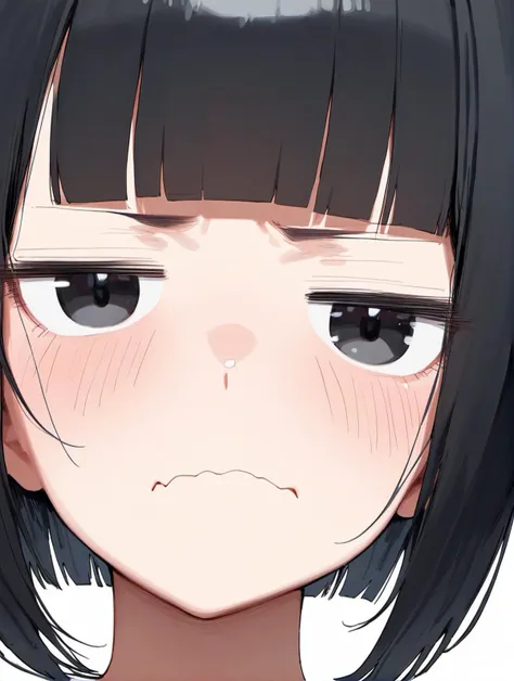 anime girl with black hair and black eyes staring at camera