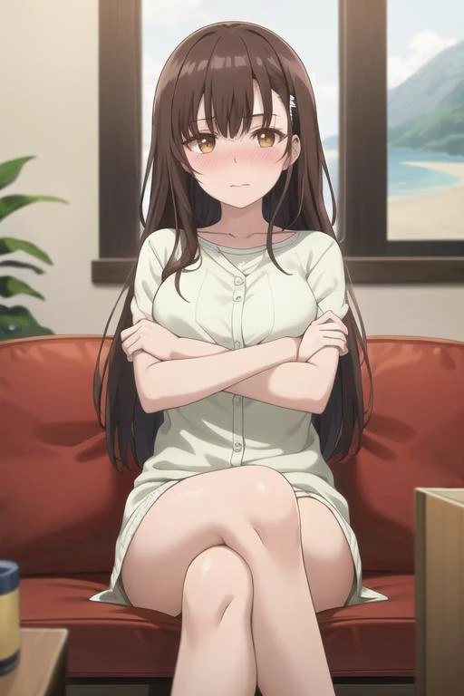 best quality, (masterpiece:1.2), highly detailed, indoors, sitting, couch, 1girl, solo, <lora:chara_Mamahaha_IridoYume_v1:0.8>, irido yume, looking at the viewer, closed mouth, nose blush, medium breasts, crossed legs, crossed arms, brown eyes, dark brown ...