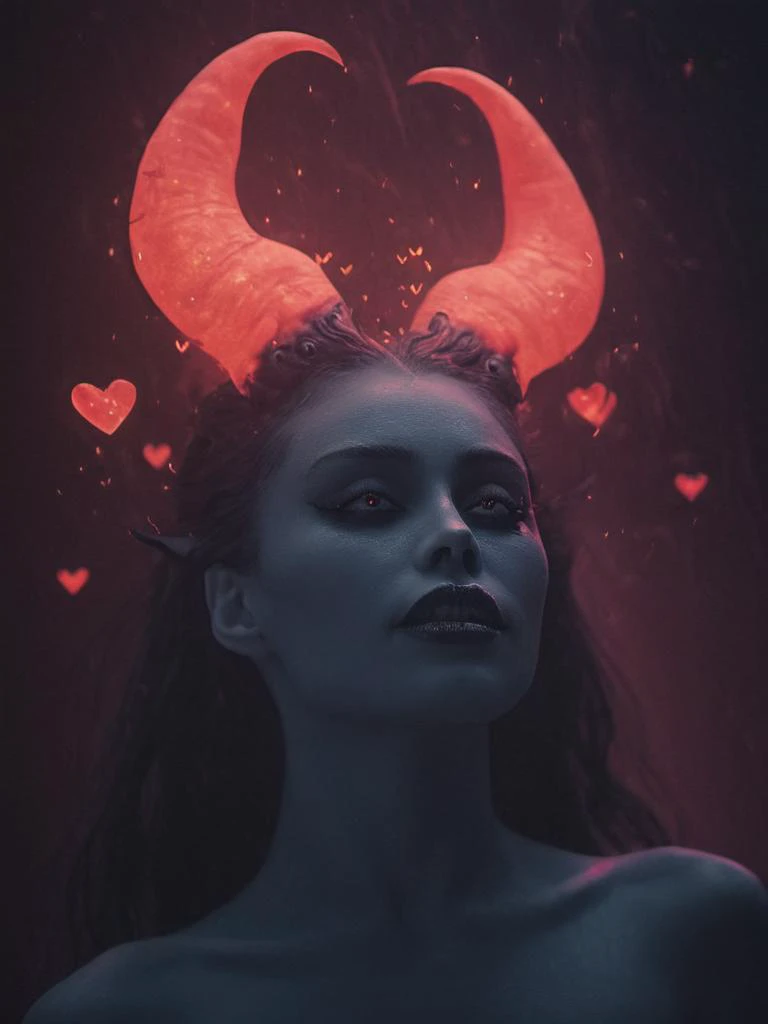 a woman with horns and hearts on her head