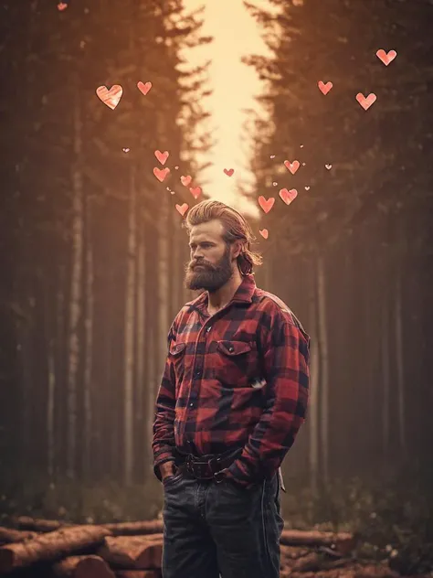 a man standing in a forest with hearts flying around him