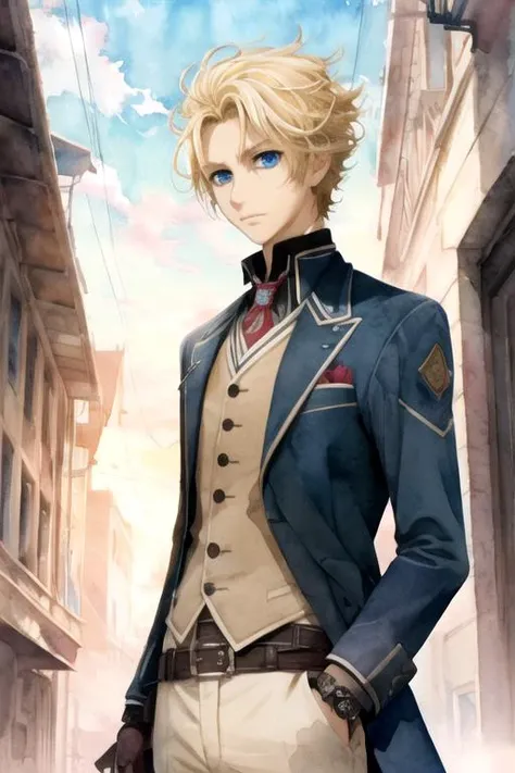 masterpiece, best quality, movie still, 1boy, solo, male focus, looking at viewer, , , (watercolor illustration, soft pastel colors:1.1), , <lora:hanabusa_aidou:0.74>, hanabusa_aidou, blonde hair, blue eyes, blazer, , steampunk,