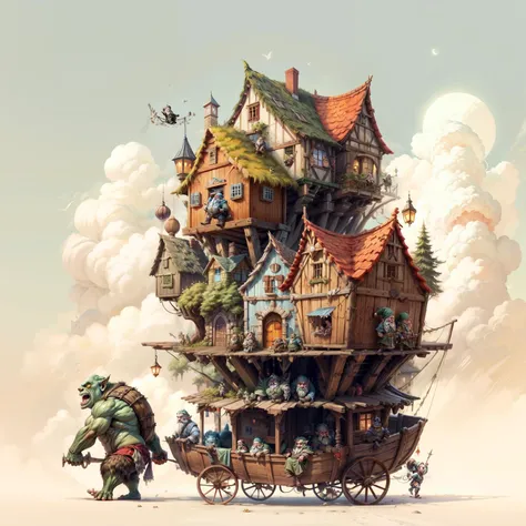 side view of a cute grumpy giant orc, mouth closed, pulling a <lora:StackedCityAI:1> StackedCityAI medieval village with many dwarves [sitting|talking|aughing|working|smiling] on the balconies <lora:add_detail:1.5>