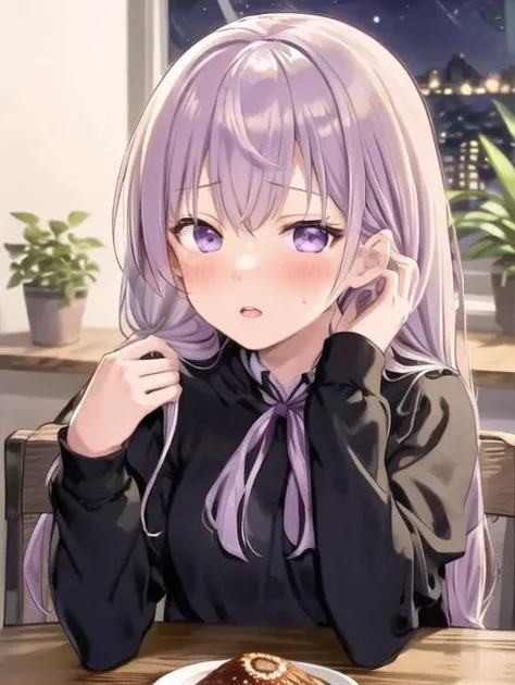 <lora:POVadoring:0.7> POVadoring, 1girl, solo, long hair, looking at viewer, blush, open mouth, bangs, long sleeves, dress, ribbon, twintails, sitting, purple eyes, hair ribbon, purple hair, frills, parted lips, food, alternate costume, indoors, hand up, r...