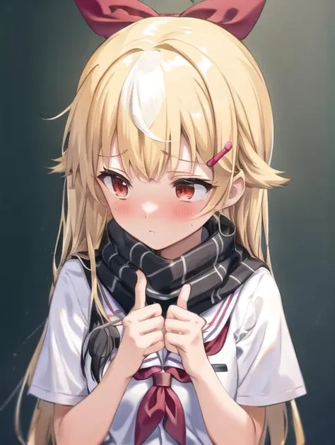 <lora:POVadoring:0.7> POVadoring, 1girl, solo, long hair, blush, blonde hair, hair ornament, red eyes, ribbon, school uniform, hair ribbon, serafuku, hairclip, twitter username, scarf, neckerchief, looking away, hair flaps, red neckerchief, black serafuku,...