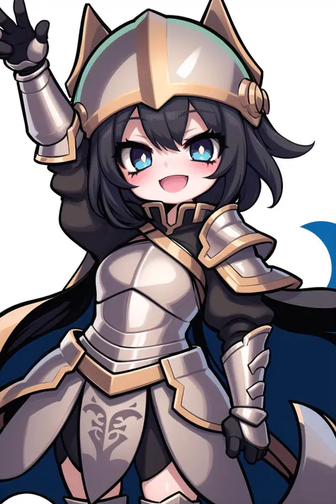 1girl, black hair, happy, :d, armor, helmet, chibi, arm up,  <lora:alexi:1>