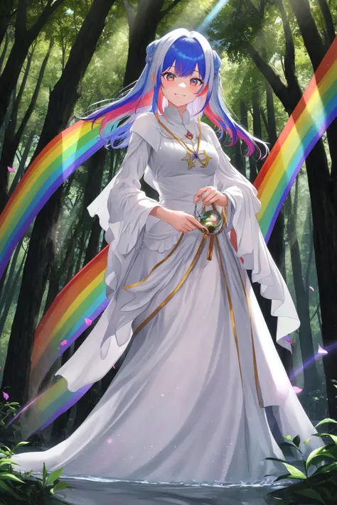 masterpiece, best quality, rainbow_hair, rainbow_eyes, white_glowing dress, nature, forest, water, flowers, smile, serene, lens_flare, multicolored_hair, multicolored_eyes, holding, magic, symbols, mana, energy, fantasy, medieval, 1girl, solo