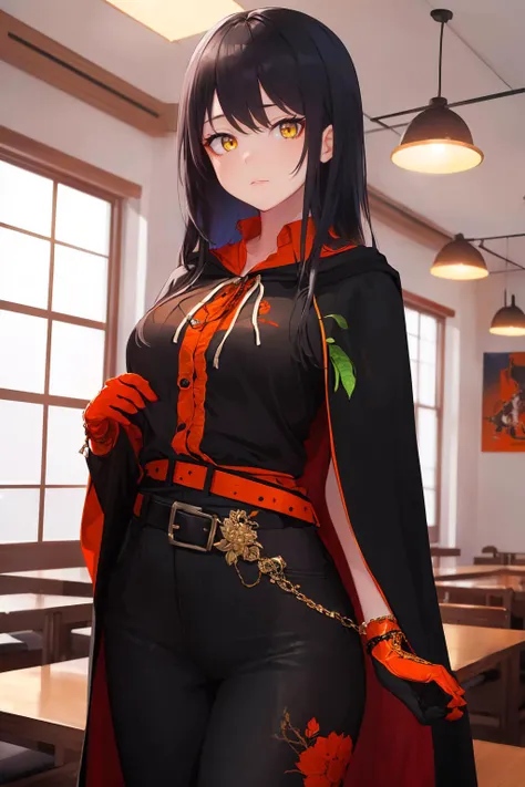 masterpiece, best quality, absurdres, ultra-detailed, intricate, 1girl, black_hair, orange_eyes, metal plated shirt, black_pants, black cloak with an orange leaf decal on it, single pantsleg with orange leaf decal, cloak connected to her left thigh by a gr...