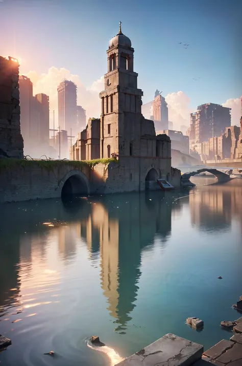 arafed view of a river with a bridge and a clock tower