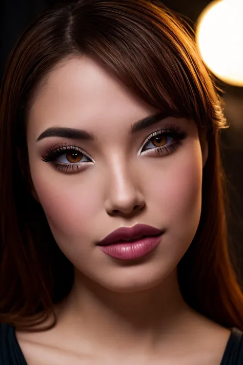 a close up of a woman with a dark eye and a pink lip