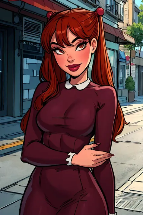 a cartoon of a woman in a red dress standing on a street