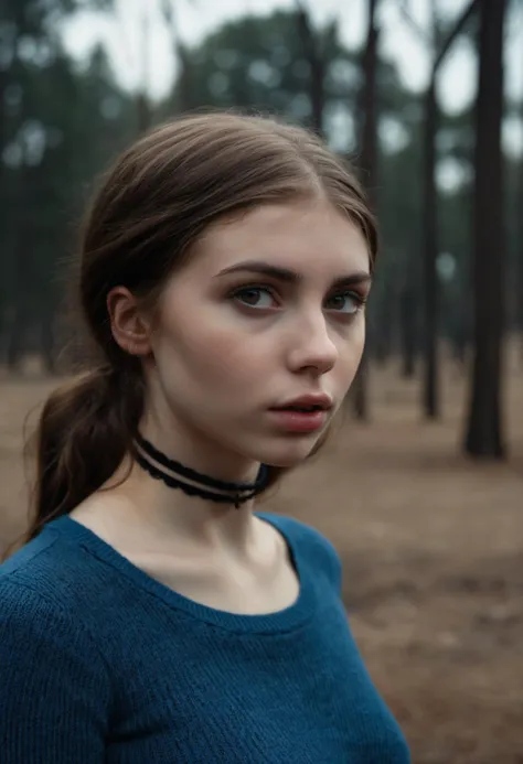 a woman in a blue sweater standing in a forest