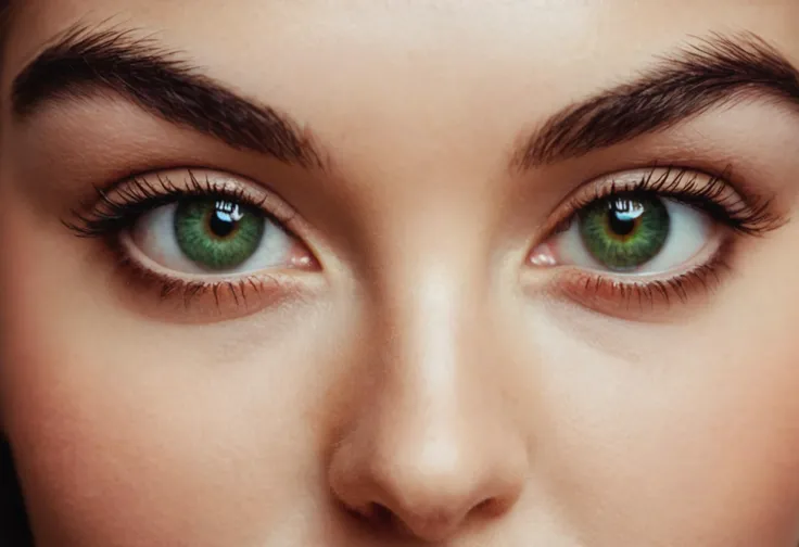 eye focus, skin pores, peach fuzz, close-up, eyelashes, 1girl, heart, realistic, looking at viewer, symbol-shaped pupils, green eyes, RAW candid cinema, 16mm, color graded portra 400 film, remarkable color, ultra realistic, textured skin, remarkable detail...