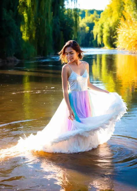 1girl, 1girl, (masterpiece:1.2), best quality, multicolored, masterpiece, best quality,((an extremely delicate and beautiful)), floating, (detailed wet clothes), (detailed light), feather, nature, (sunlight), river, floating palace, beautiful and delicate ...