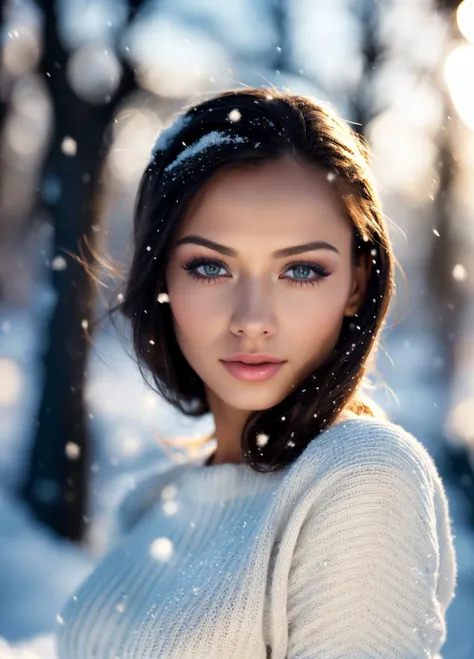 a woman in a white sweater is posing in the snow