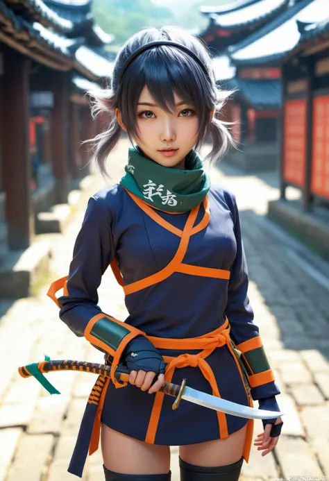 a woman in a blue and orange outfit holding a sword