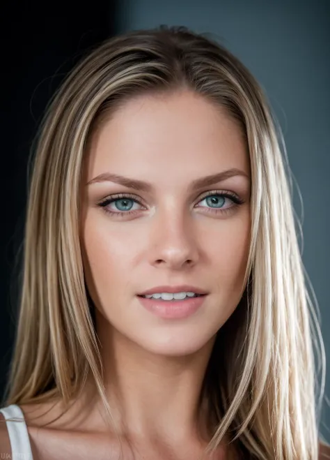 a woman with long blonde hair and blue eyes posing for a picture