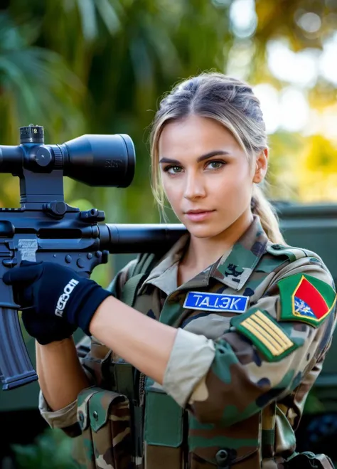 a woman in a military uniform holding a rifle and looking at the camera