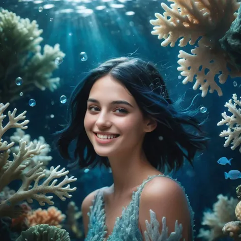 Aquatic backdrop Atmospheric mood Coral fragments Verdant foliage Detail precision Exquisite detailing Radiant smile Floating particles Ethereal blue Dark hair expressive faces