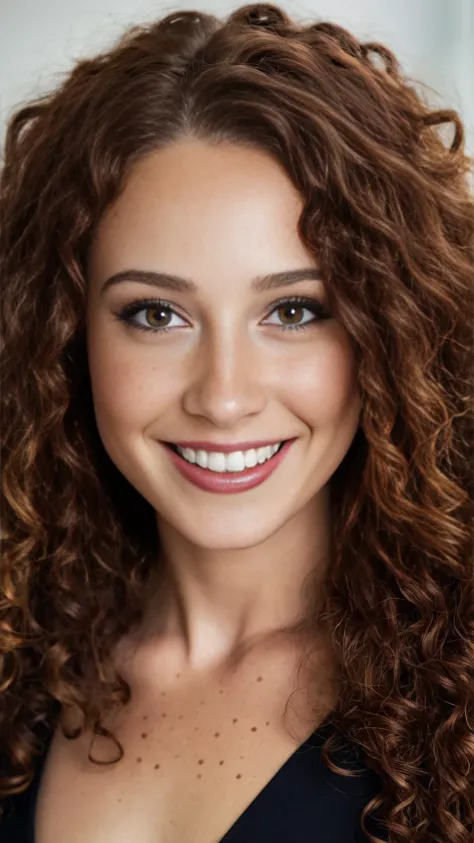 beautiful lady, (freckles), big smile, ruby eyes, long curly hair, dark makeup, hyperdetailed photography, soft light, head and shoulders portrait, cover
