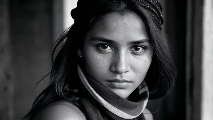 Documentary photo, photo by Sebastiao Salgado and Steve Mccurry, raw, realistic, face portrait of a young woman, 20 years old, wearing a hair scarf, brown eyes, authentic, soulful,
<lora:dark-cinematics:.4>