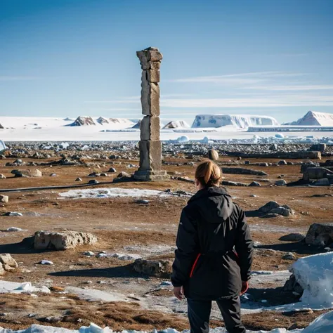 arafed woman standing in front of a stone pillar in the middle of a barren area