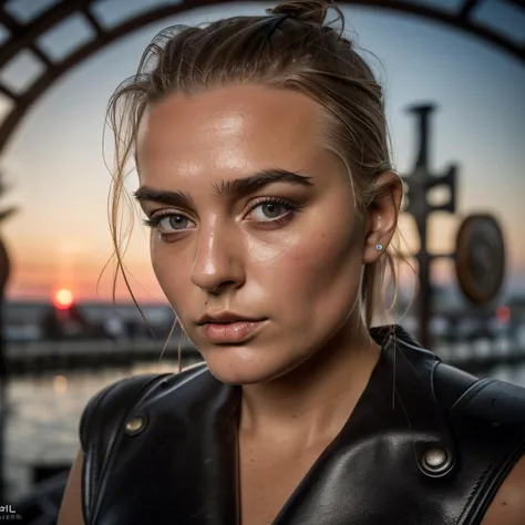 a close up of a woman in a leather jacket looking at the camera