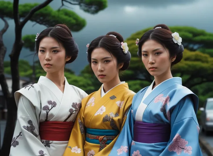 three women in kimono are standing in a row in a park