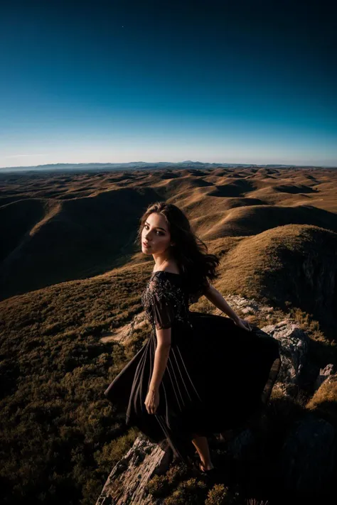 a woman in a black dress standing on a mountain top