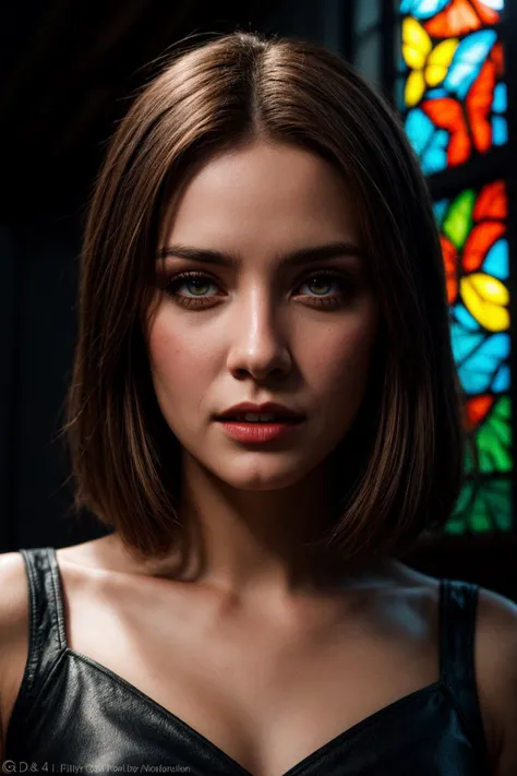 21 yo woman, sexy, dynamic pose, naughty expression, eye makeup, long eyelashes, 
detailed eyes, detailed face, looking at viewer, sexy, open mouth, buck teeth, [perfect teeth],
 wearing a stained glass dress, colored stained glass windows dress, butterfly...