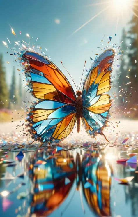 a butterfly with a blue and orange wing is flying over a puddle of water