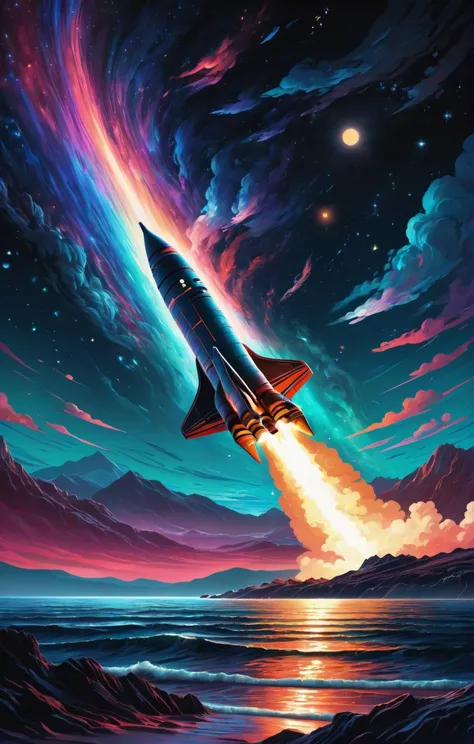 a space shuttle flying through the sky with a colorful background