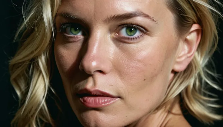 raw, realistic, face portrait of a woman, 40 years old, shadow over her face, blonde hair, green eyes, polished, authentic, soulful, natural-looking, photo by Peter Lindbergh