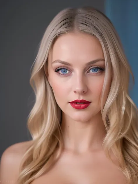 a woman with long blonde hair and blue eyes posing for a picture