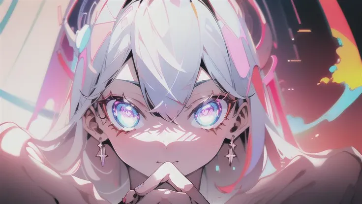 anime girl with blue eyes and white hair with a pink background