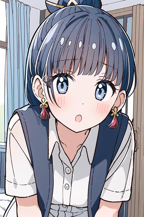 anime girl with blue eyes and a ponytail sitting on a bed