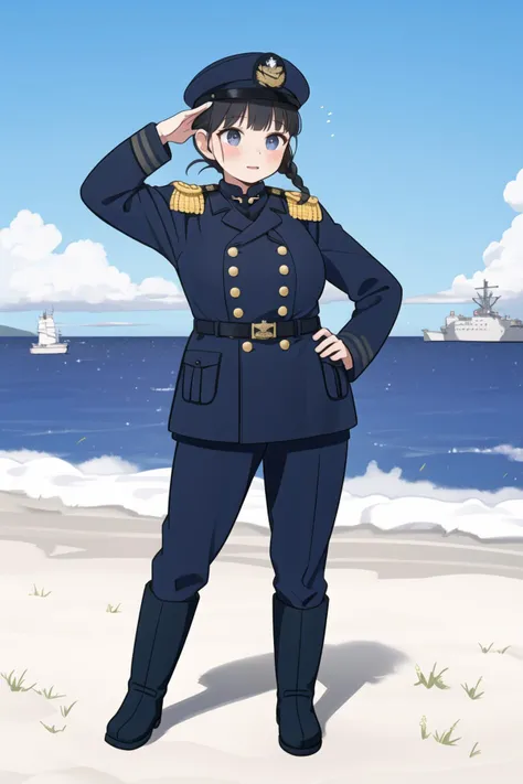 masterpiece,best quality,absurdres,high resolution,extremely detailed,1girl,( black hair, single braid, hime cut, blunt bangs, full-face blush, large breasts, dynamic pose ),<lora:beiyannavy-v3:0.85:lbw=INMID:step=1-28>,(((beiyan, military uniform, newnavy...
