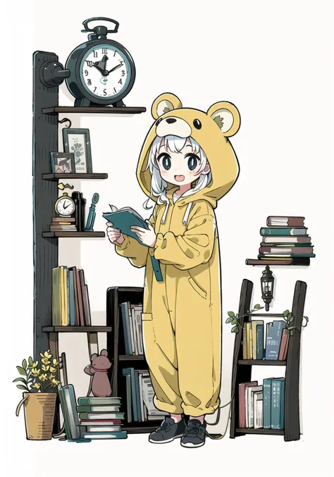 //
[(white background:1.5)::5],
//
(solo:1.2),1girl,chibi,smile,open mouth, black eyes,slit pupils,white hair,low twintails, bear ears, full body, standing,(yellow animal costume:1.2), hood up, at home,growth,bookshelves, cats, books, cups, clocks,