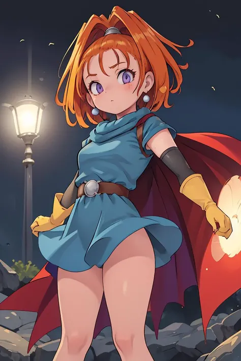 (masterpiece, best quality), 1girl, <lora:barbara:1> barbara (dq6),purple eyes,orange hair,long hair,high ponytail,earrings,(cape:1.2),(light blue dress:1.4),belt,elbow gloves,(yellow gloves:1.2),(socks:1.1),boots